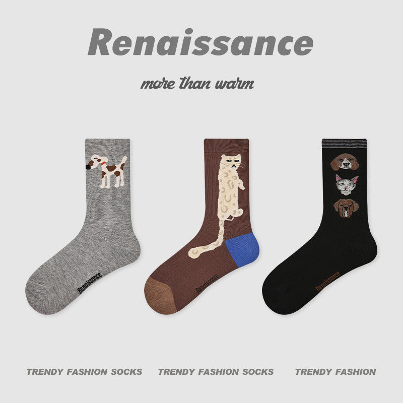 3-pack princess socks: gray dog illustration, brown cat on blue heel, and black dog portraits