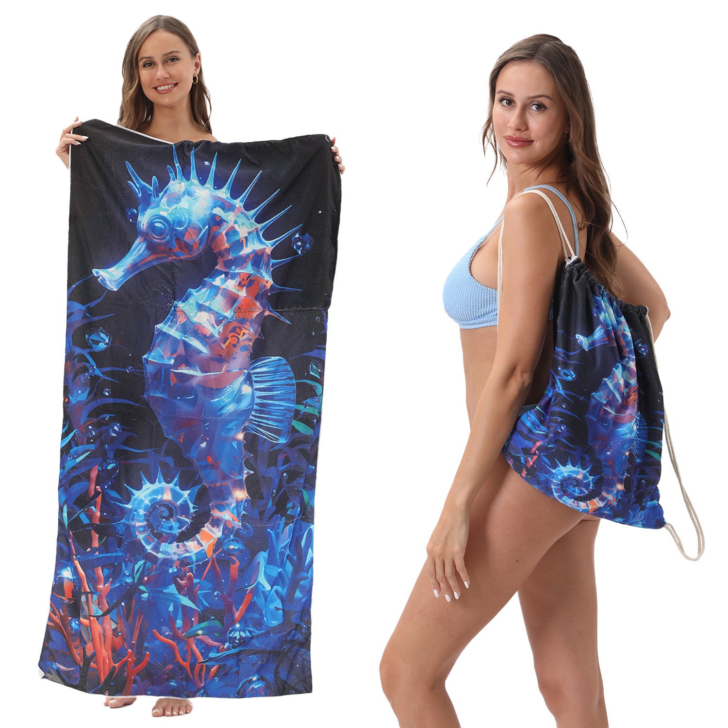 2-in-1 Foldable Printed Beach Towel Built-In Storage Bag