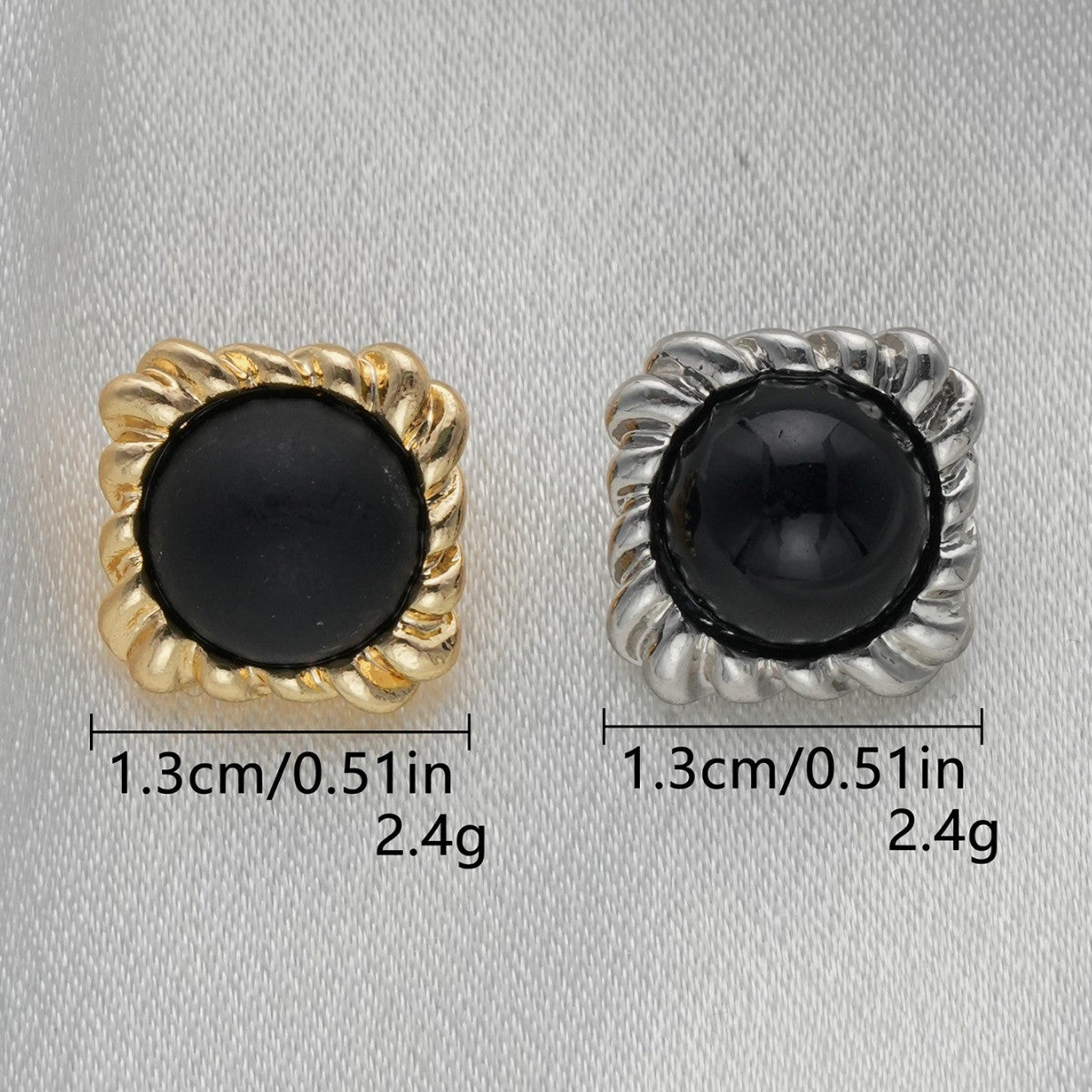 13mm square black pearl buttons: gold and silver fronts, 2.4g each