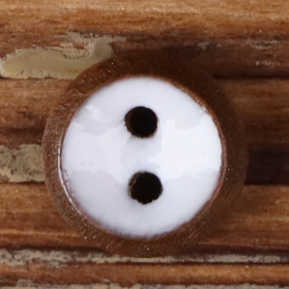 Round 2-hole wood shirt button with white front and natural brown rim