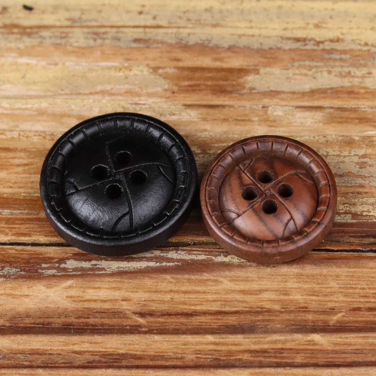 Round 4-hole distressed wood buttons, black and brown pair