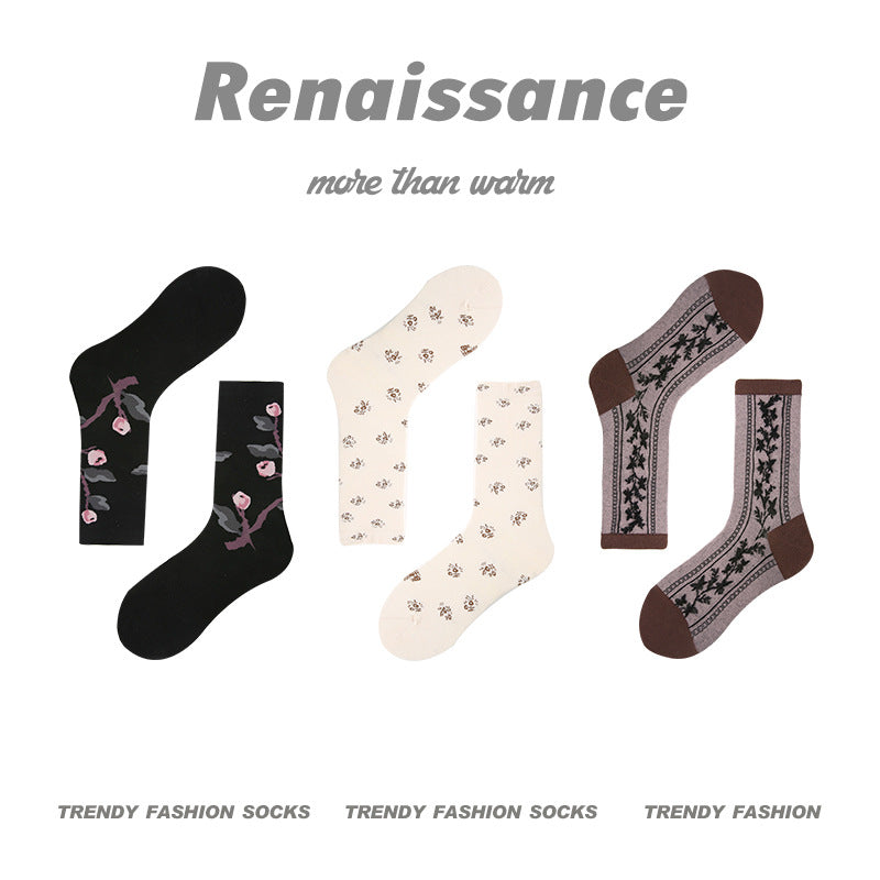 Women's embroidered floral mid-calf socks: black, cream, and brown 3-pack