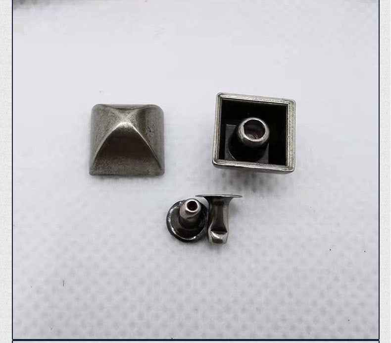 Silver pyramid stud rivets, square front cap with peaked design and backing components
