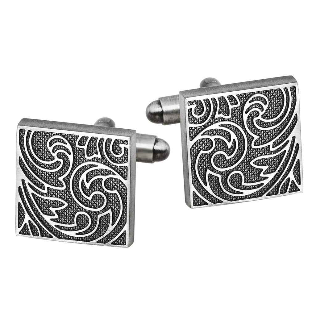 Antique silver square cufflinks with vintage scroll pattern on the front