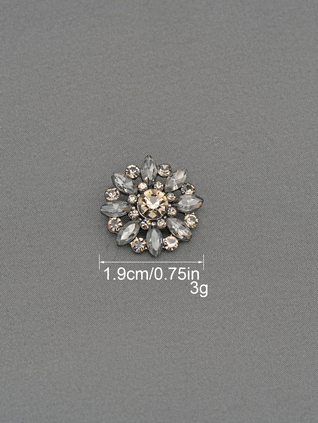 Grey/silver crystal flower shank button with clear rhinestones, 1.9cm wide