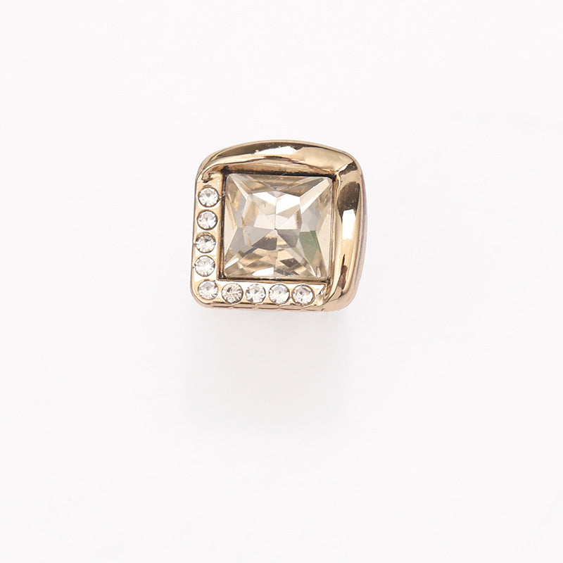 Gold square rhinestone shank button, clear faceted stone with crystal border