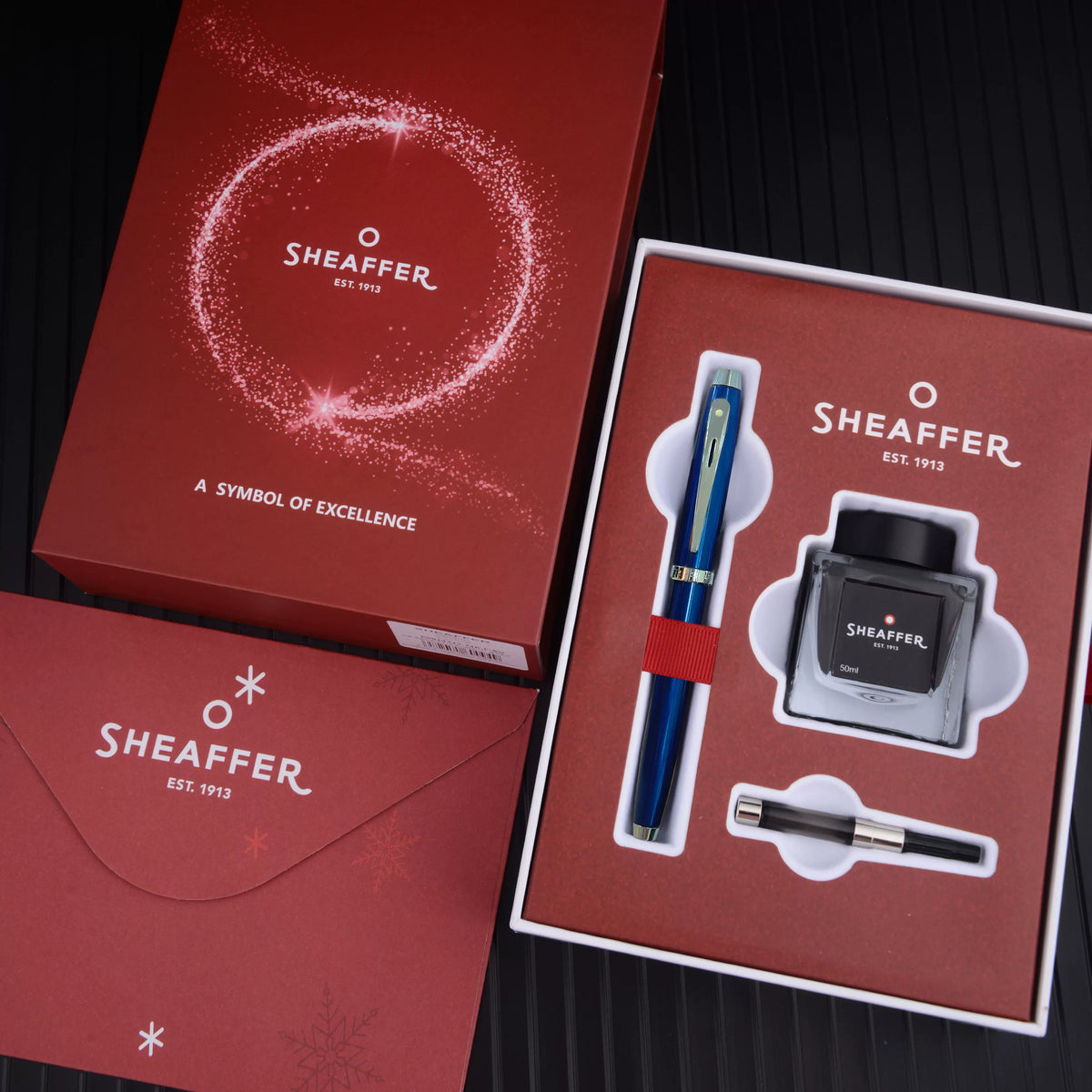 Sheaffer 100 Fountain Pen Gift Set – Fine Nib (~0.5mm), White Clip, Converter & Ink Included | All-Steel / Black Lacquer / Blue Lacquer Blue Lacquer