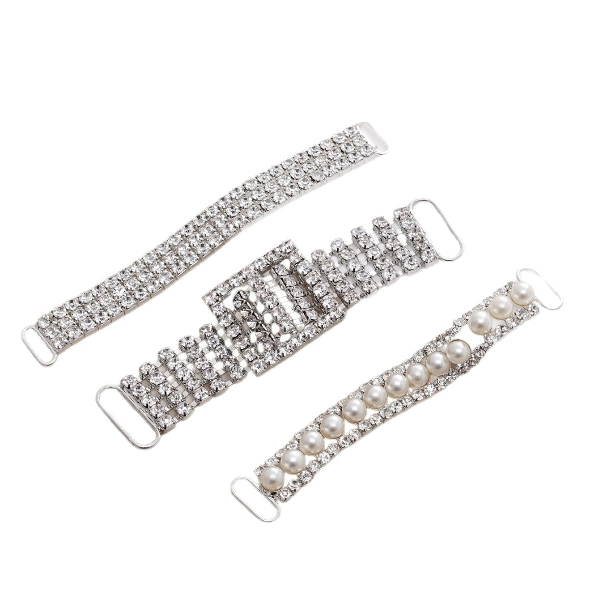 Swimwear chain clasps set: rhinestone bar, rhinestone linked bar, pearl linked bar