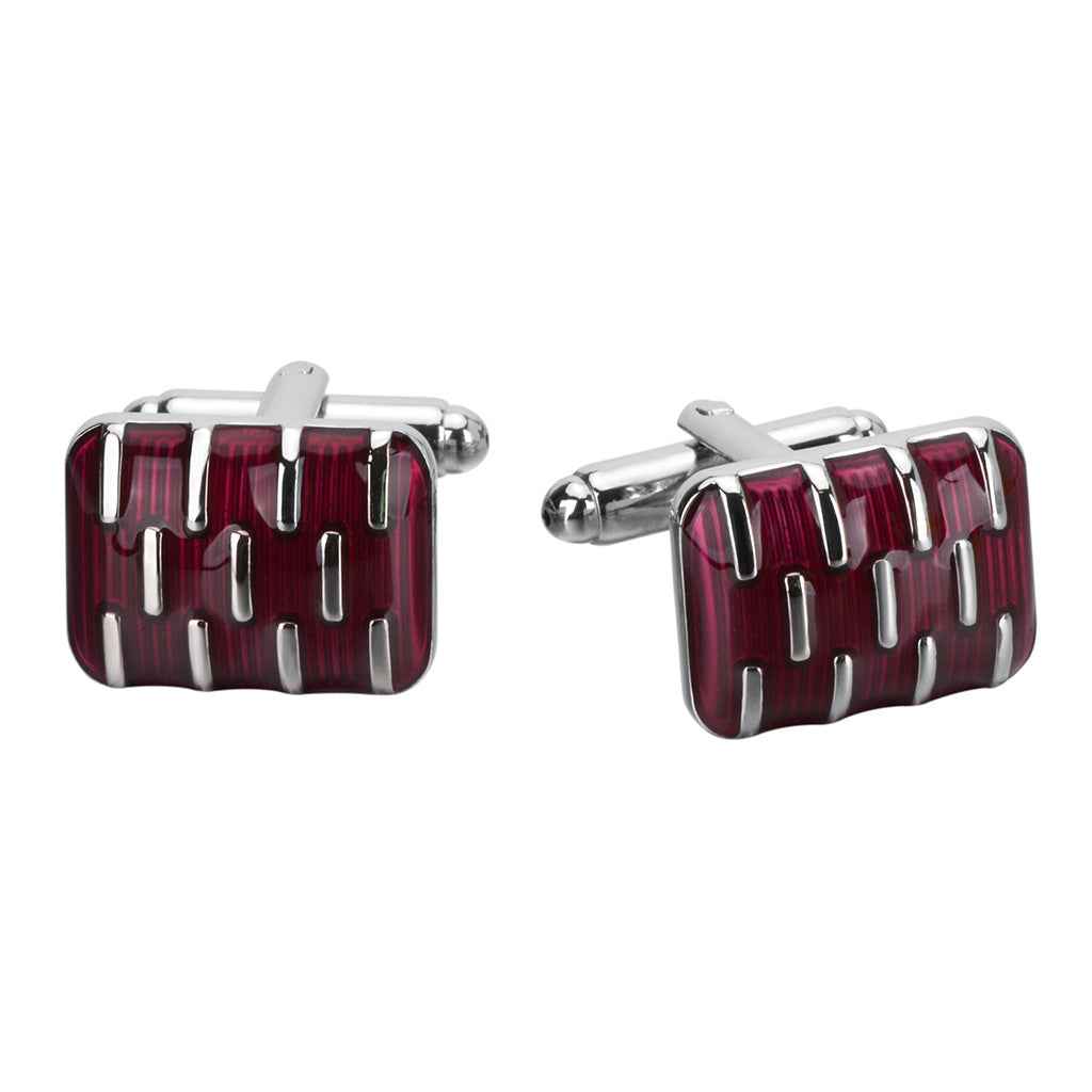 Red rectangular resin cufflinks with silver detailing, pair