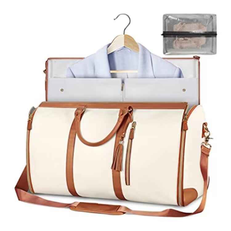 Large PU Leather Foldable Garment Duffle Travel Bag with Shoe Pouch White Brown