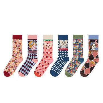 French Illustration Cartoon Cat Crew Socks Pink Kawaii Mid-High 6-Pack