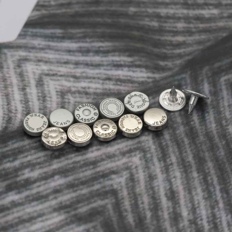 8mm retro denim studs with silver/gray round caps and metal post, “Jeans” logos