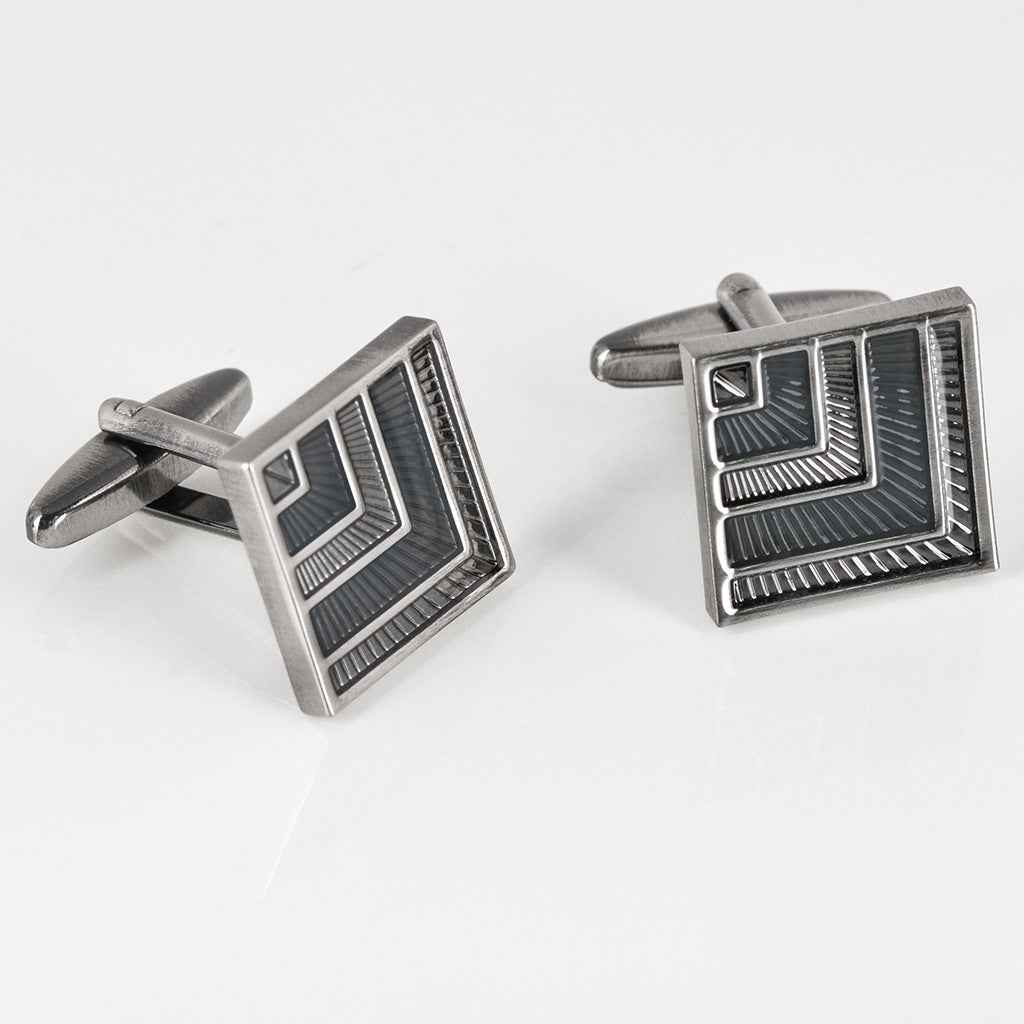 Square resin cufflinks with grey-black checkered pattern and antique silver frame