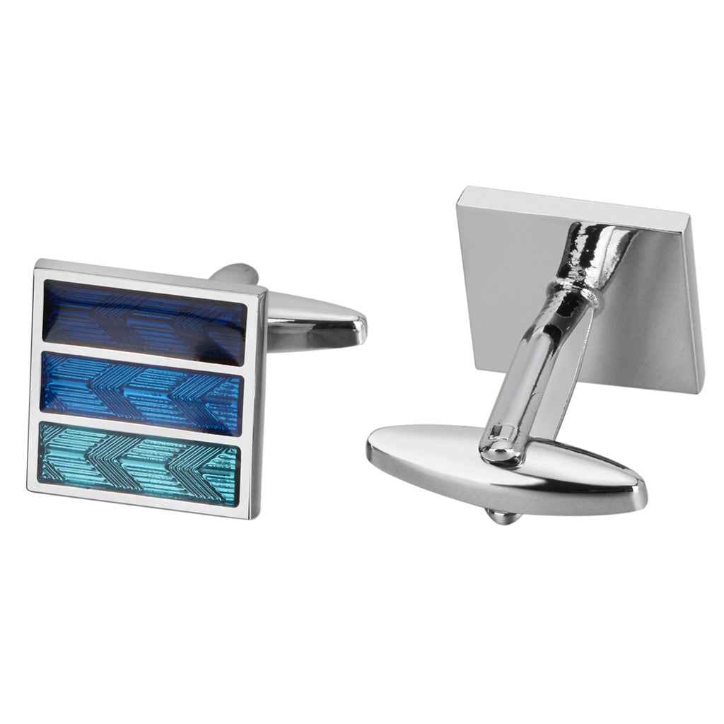 Tri-color blue square French cufflinks with three stacked arrow stripe inlays