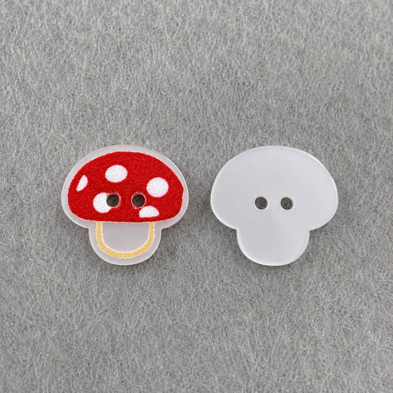 Mushroom resin button pair: red spotted cap and plain white cap