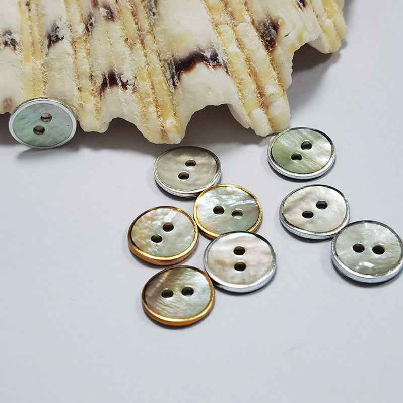 Round mother-of-pearl shell buttons with gold/silver edge, two-hole, 100-pack set