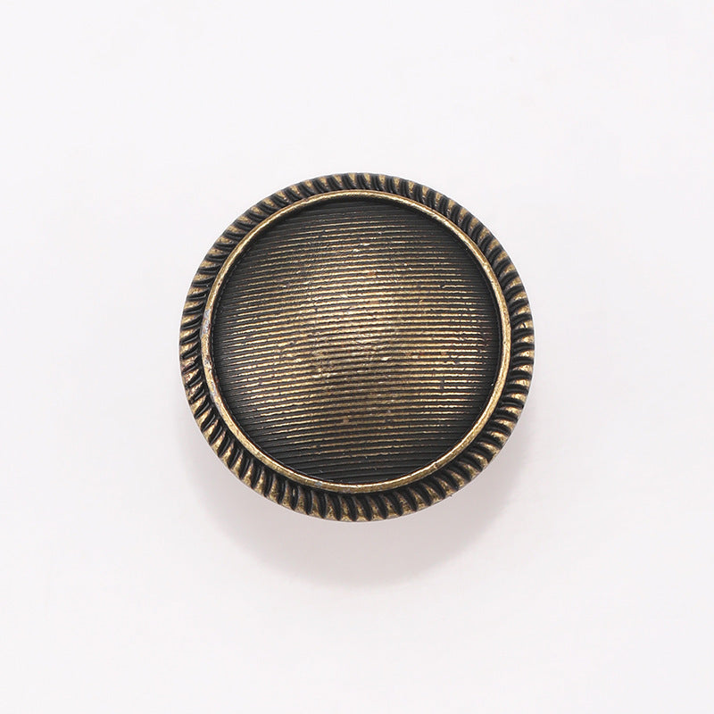 Round striped metal shank buttons, antique bronze tone, front and back view