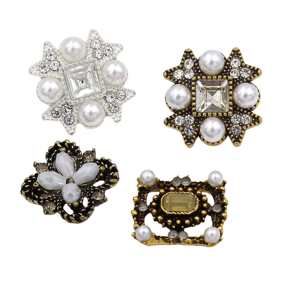 Silver star shank button with pearls and rhinestone square center