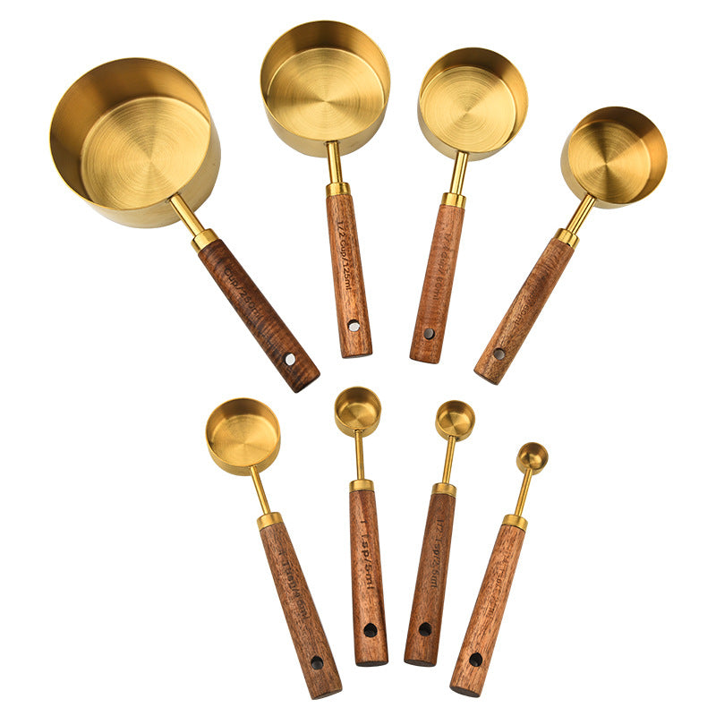 Walnut & Rose Gold Stainless Steel Measuring Cups & Spoons – 8-Piece