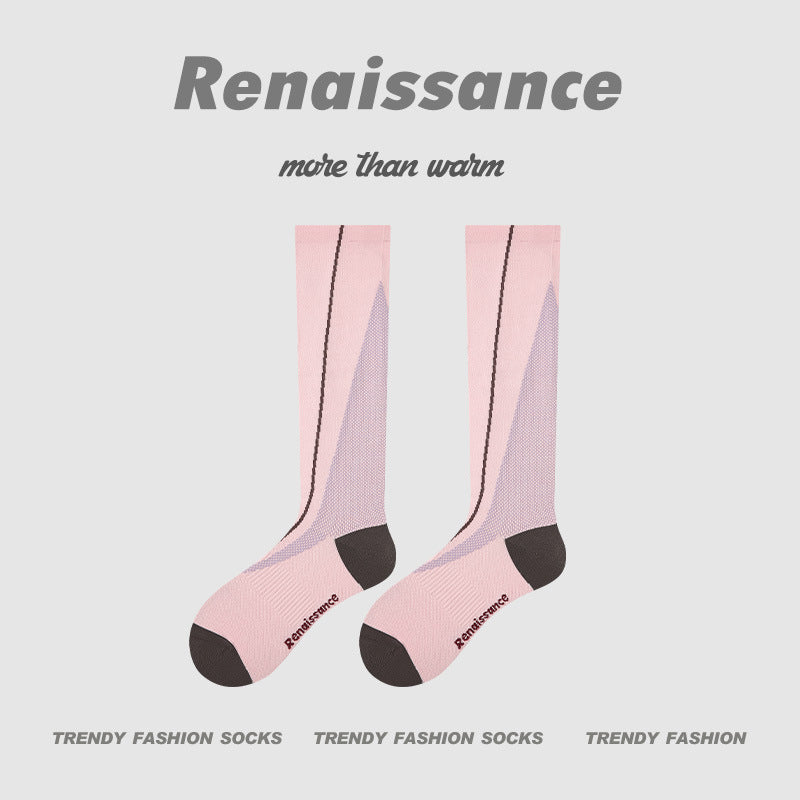 Light pink compression crew running socks with black toe and heel, women’s fit, pair