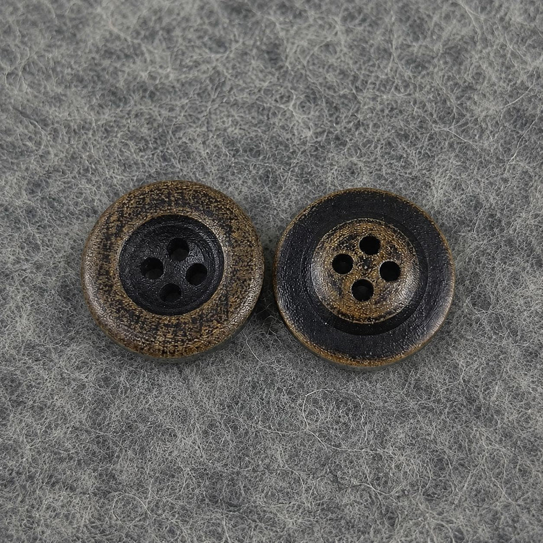 Dark brown round concave 4-hole wooden button, single piece