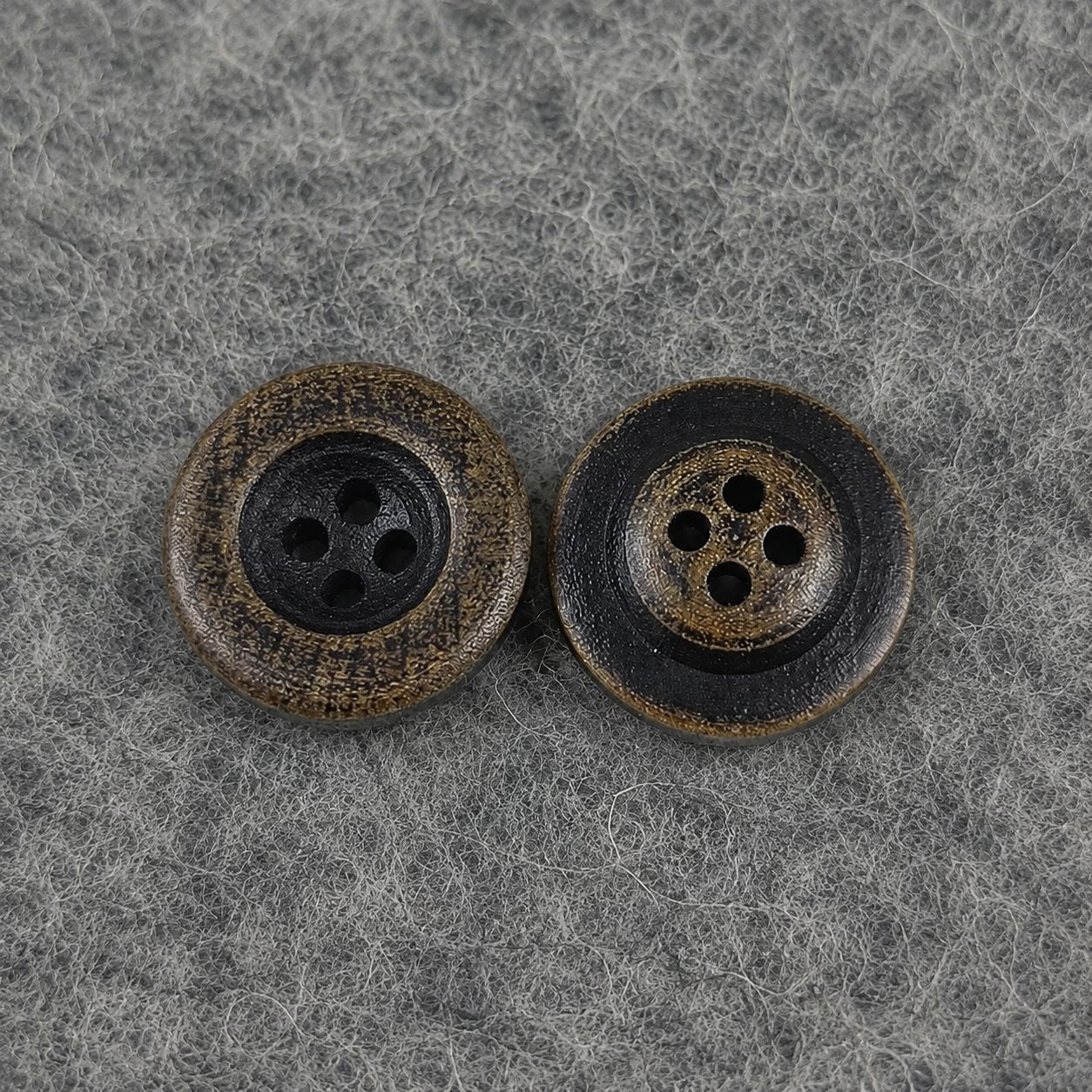 Dark brown round concave 4-hole wooden buttons, two pieces