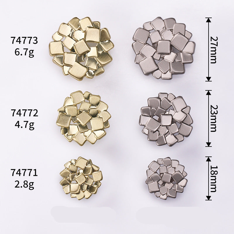 Square metal shank buttons shown in gold and nickel silver with size arrows