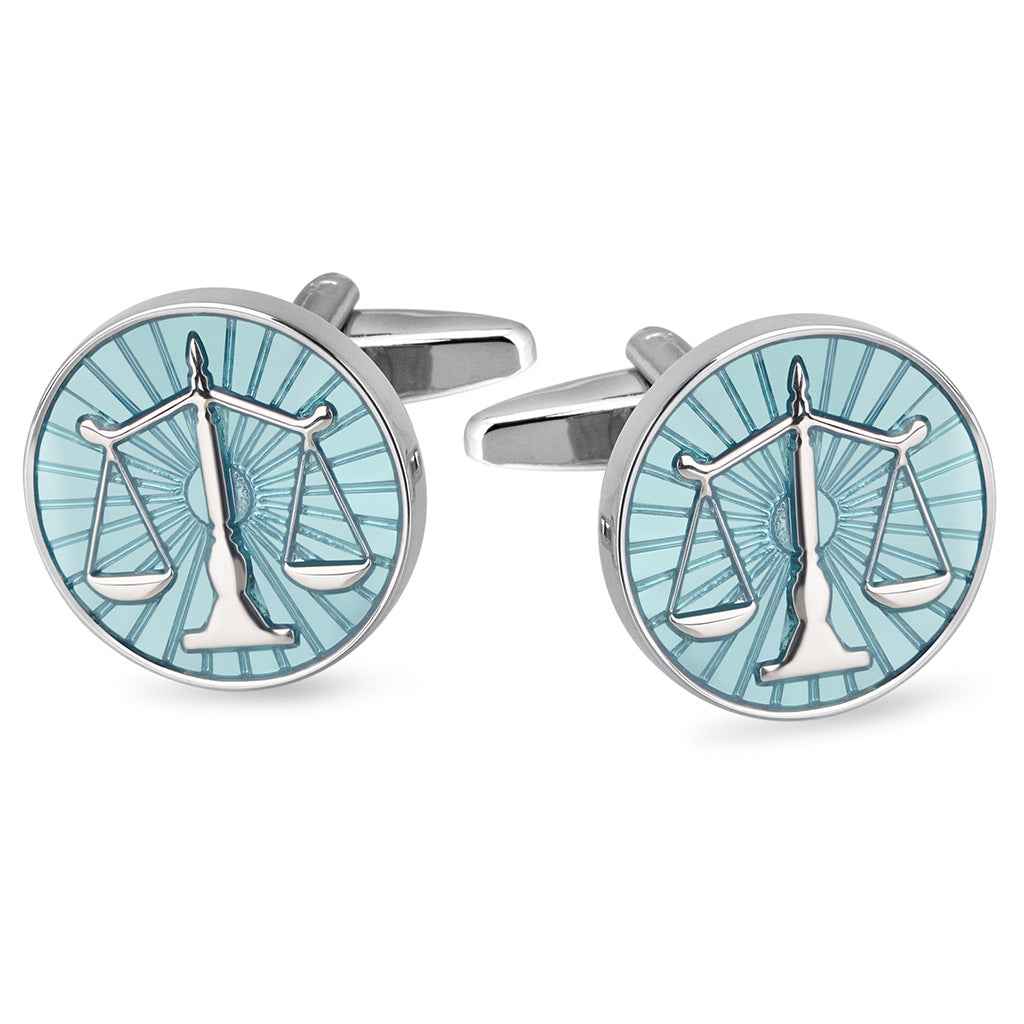 Blue balance scale cufflinks, round blue enamel with silver-tone frame