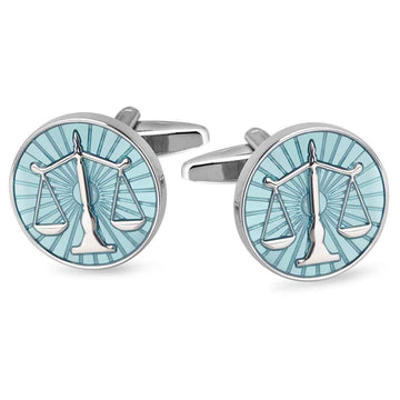 Blue balance scale cufflinks, round blue enamel with silver-tone frame