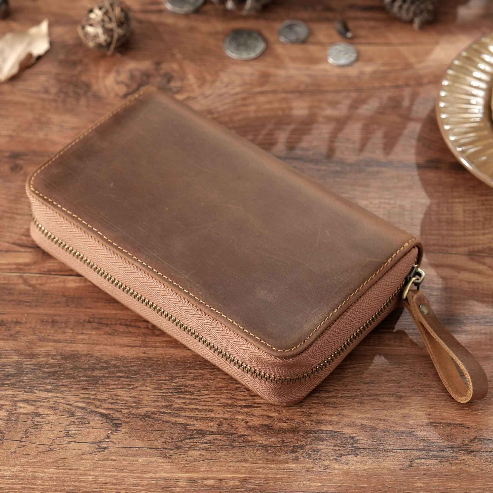 Leather Pen Case with 10 Slots – Full-Zip Fountain Pen Storage Pouch Brown