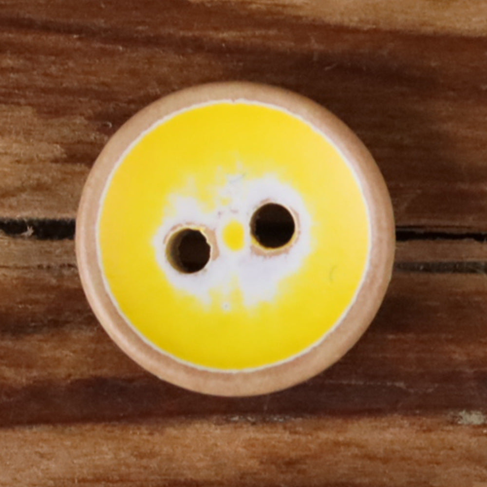 Round iridescent wood button, bright yellow, two holes