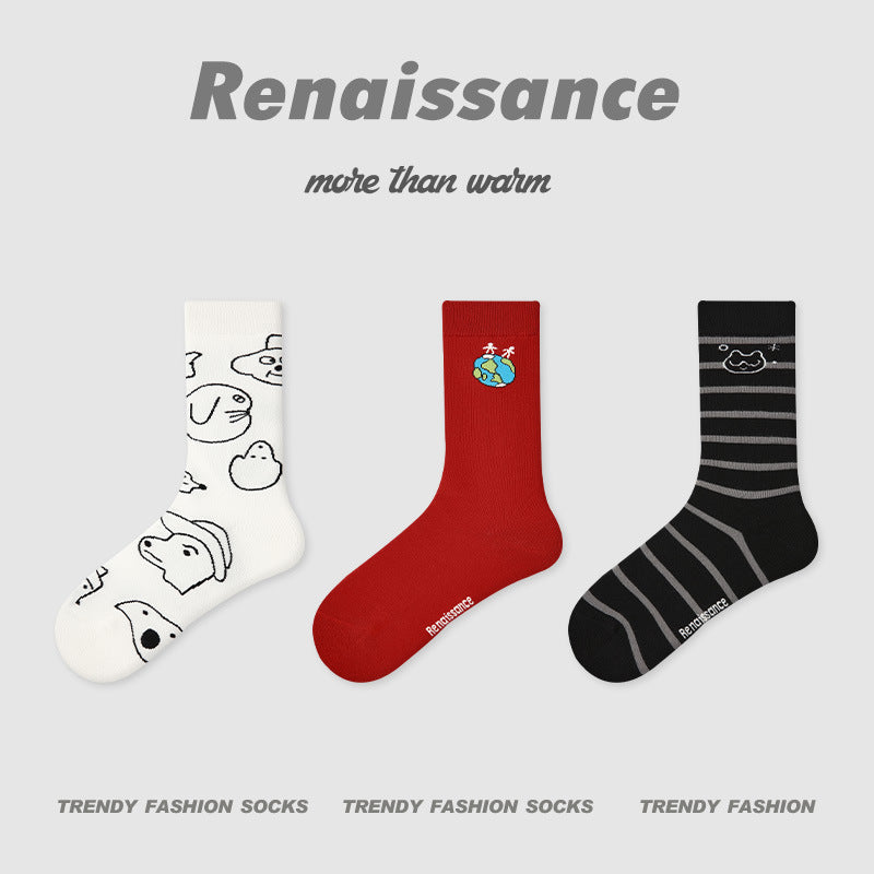 3-pack princess socks: outline faces on white, globe motif on red, striped bands on black