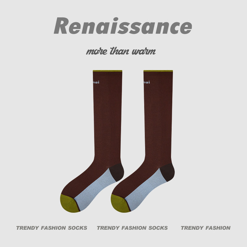 Dark brown compression running socks with light blue foot and olive-green toe