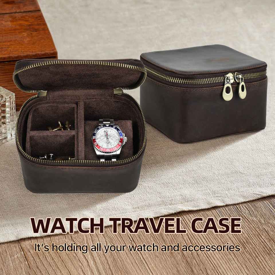 Genuine Leather Watch Travel Case with Double Metal Zippers