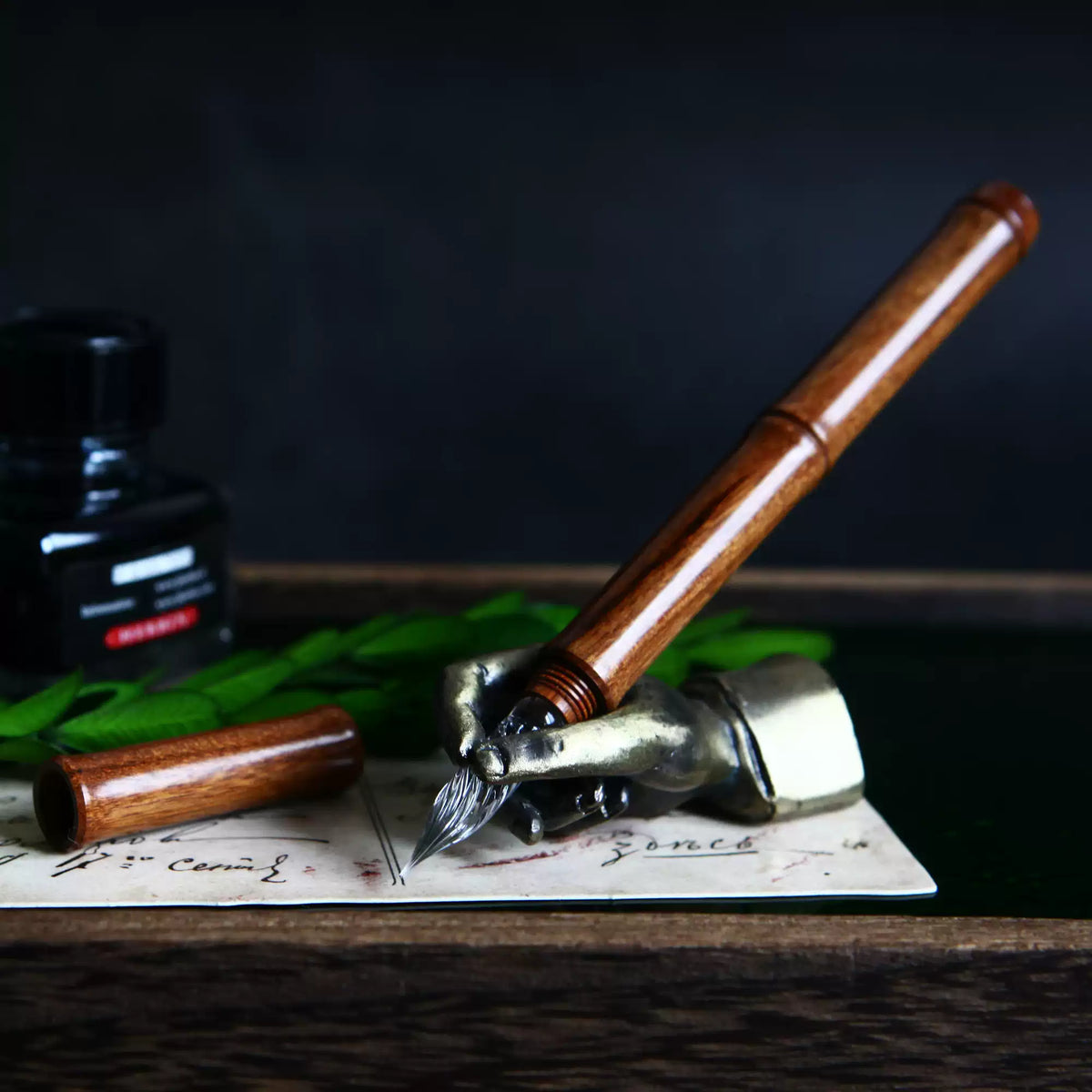 Classic Wooden Dip Pen with Glass Nib – Natural Wood Barrel in Walnut Brown, Cherry Red & Ebony Black