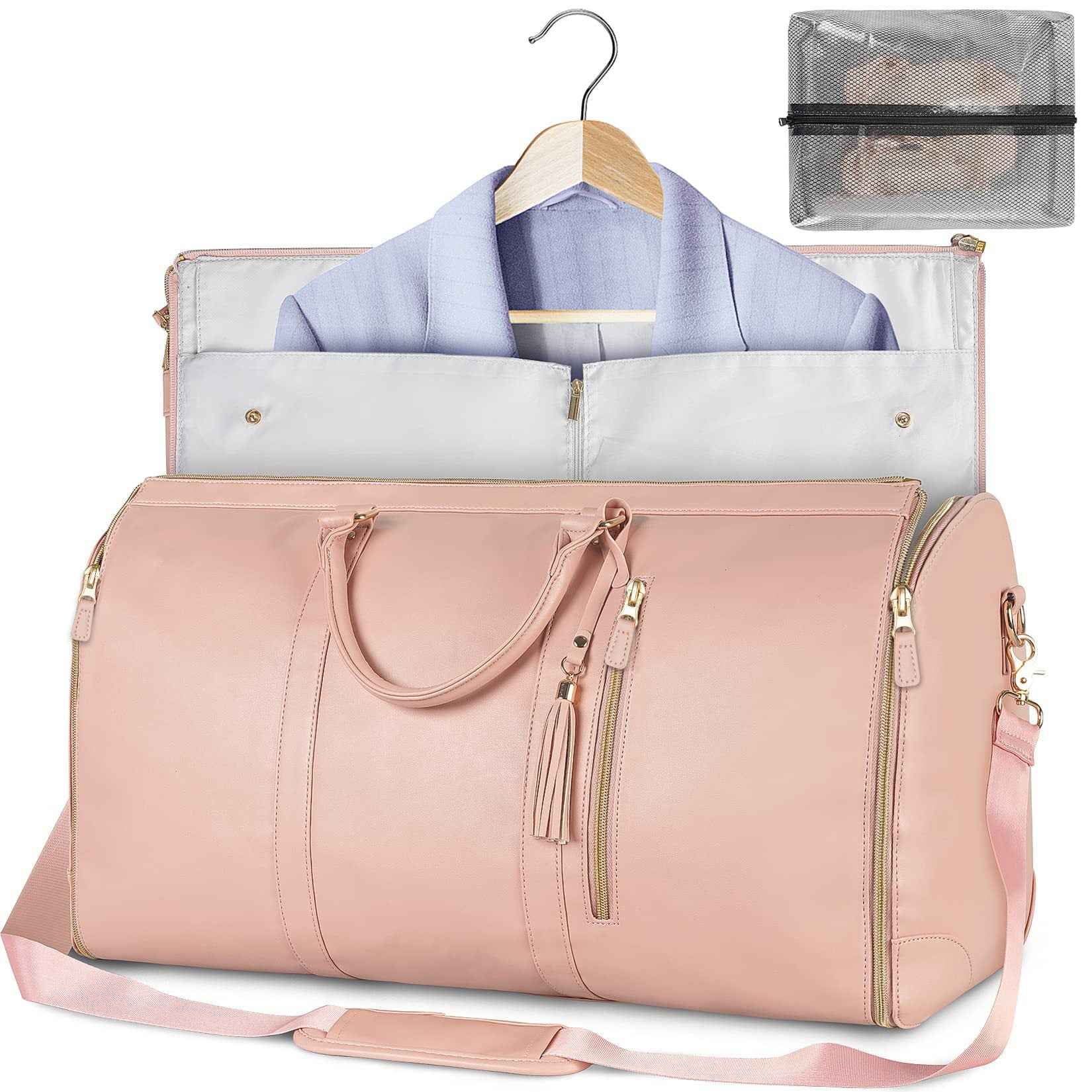 Large PU Leather Foldable Garment Duffle Travel Bag with Shoe Pouch Pink
