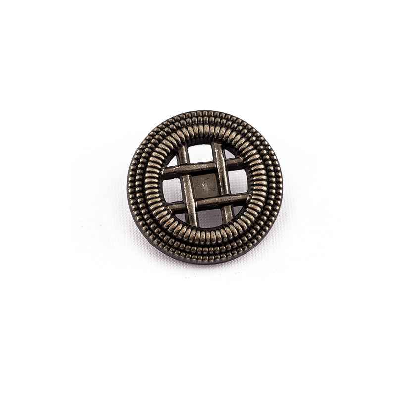 Round antique gold matte metal shank button with woven border and cross grille, front view.