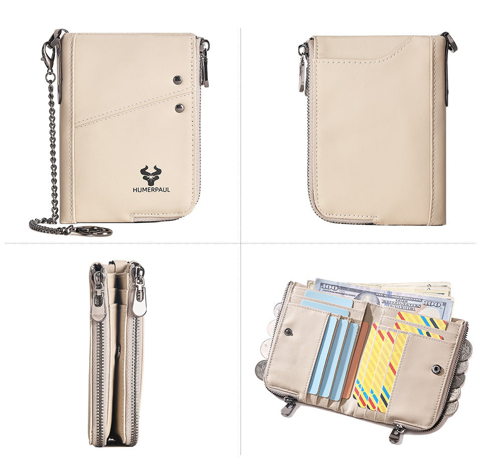 RFID Blocking Leather Short Wallet with Double Zipper Beige