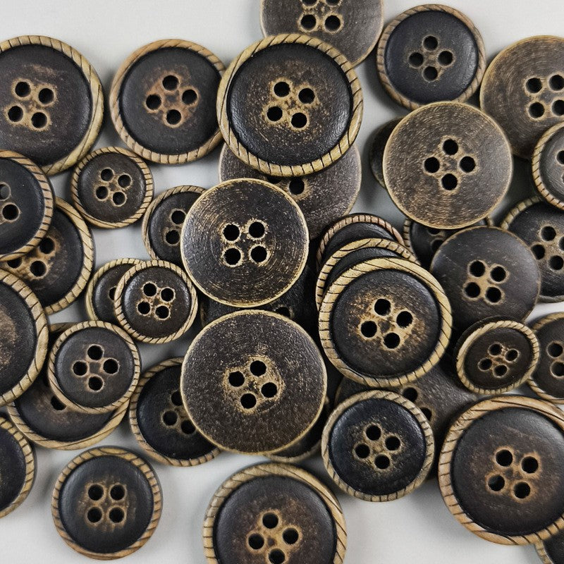 Round 4-hole dark brown button with tan stitched edge, vintage style