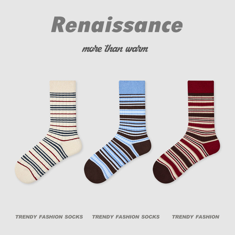 3-pack princess socks with multi-color horizontal stripes on cream, blue, and burgundy pairs