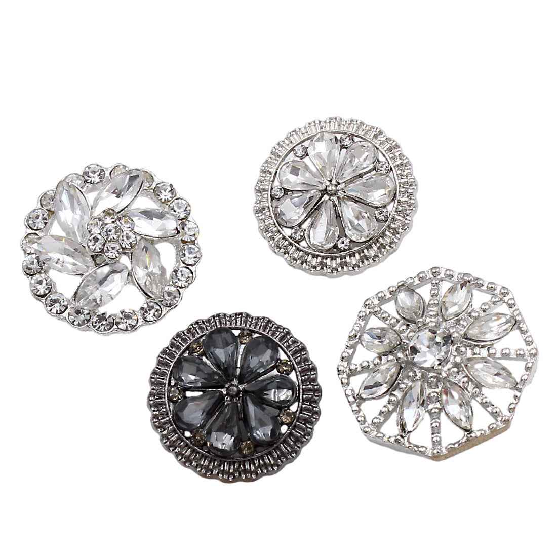 Round sew-on rhinestone alloy button, clear stones, silver tone setting