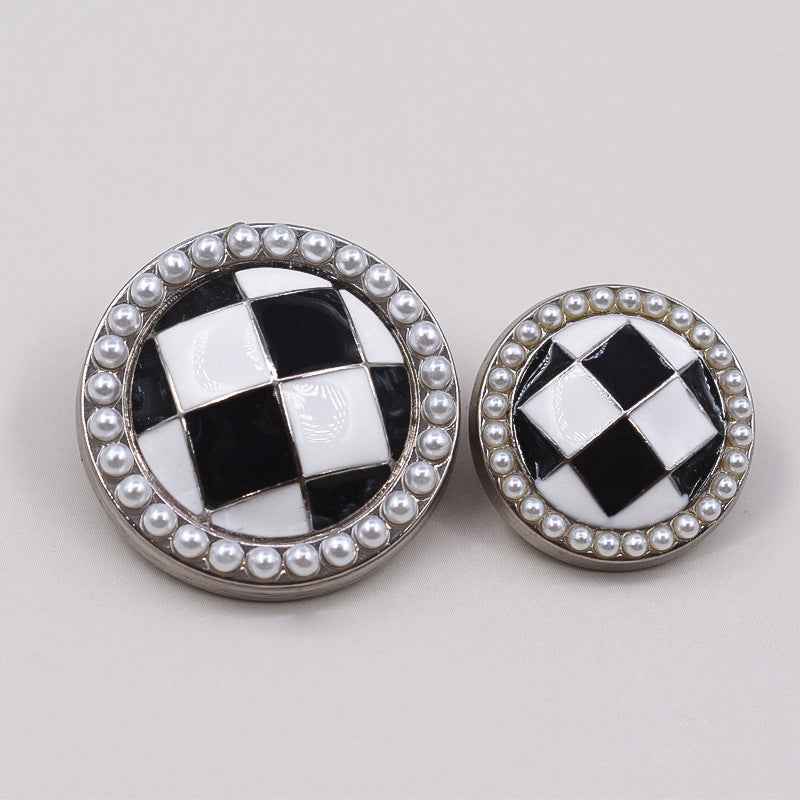 Round black-and-white checkered metal shank buttons with pearl rim, gold tone, 2-pack