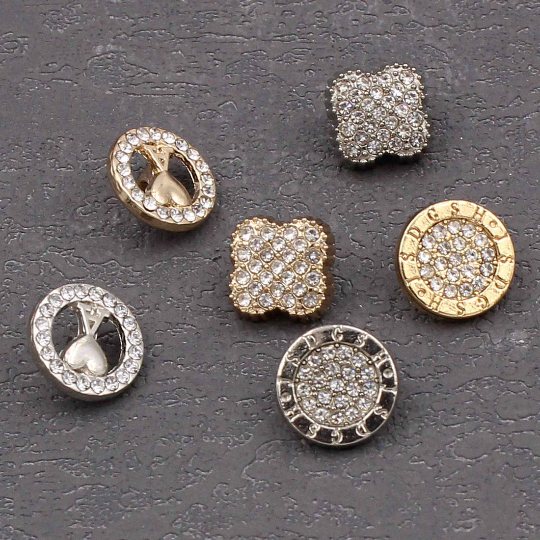 11mm rhinestone shirt buttons set, gold and silver round/square styles, assorted backs