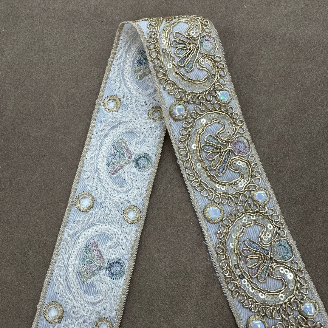 Paisley sequin cord embroidered trim with gold thread and blue/green motifs