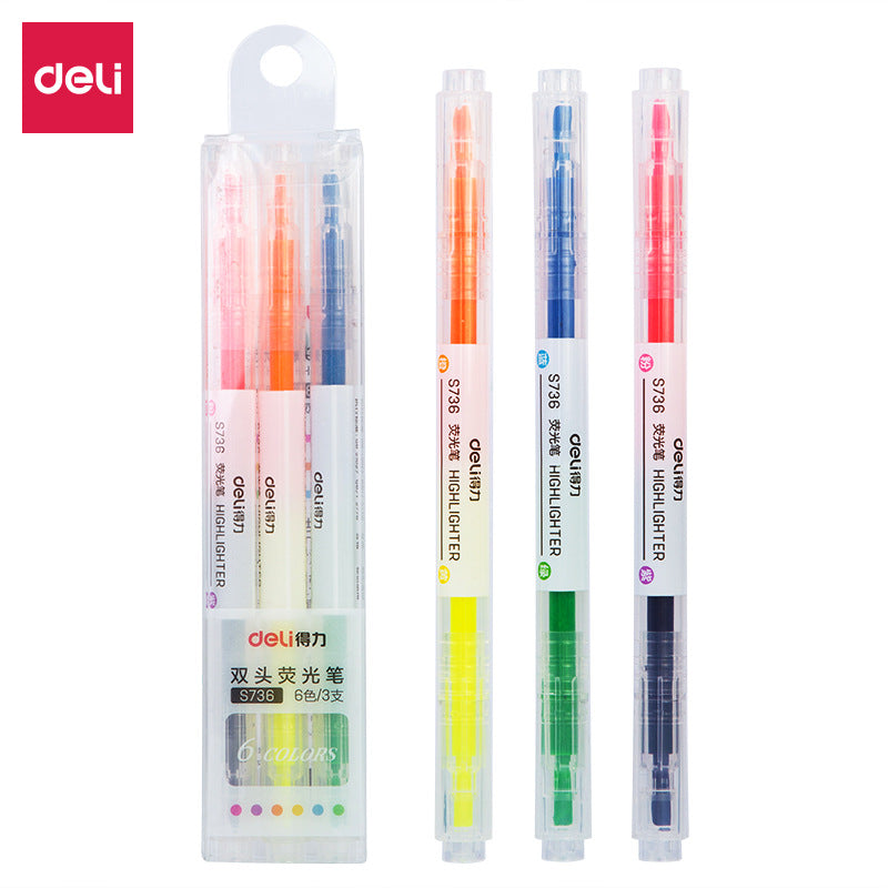 DELI S736 Dual Color Fluorescent Highlighter Marker Pens 3 Pack
