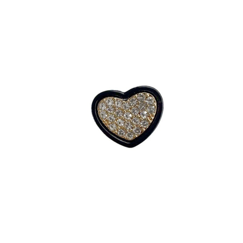 Heart-shaped rhinestone button, black metal trim, clear crystal sparkle (single)