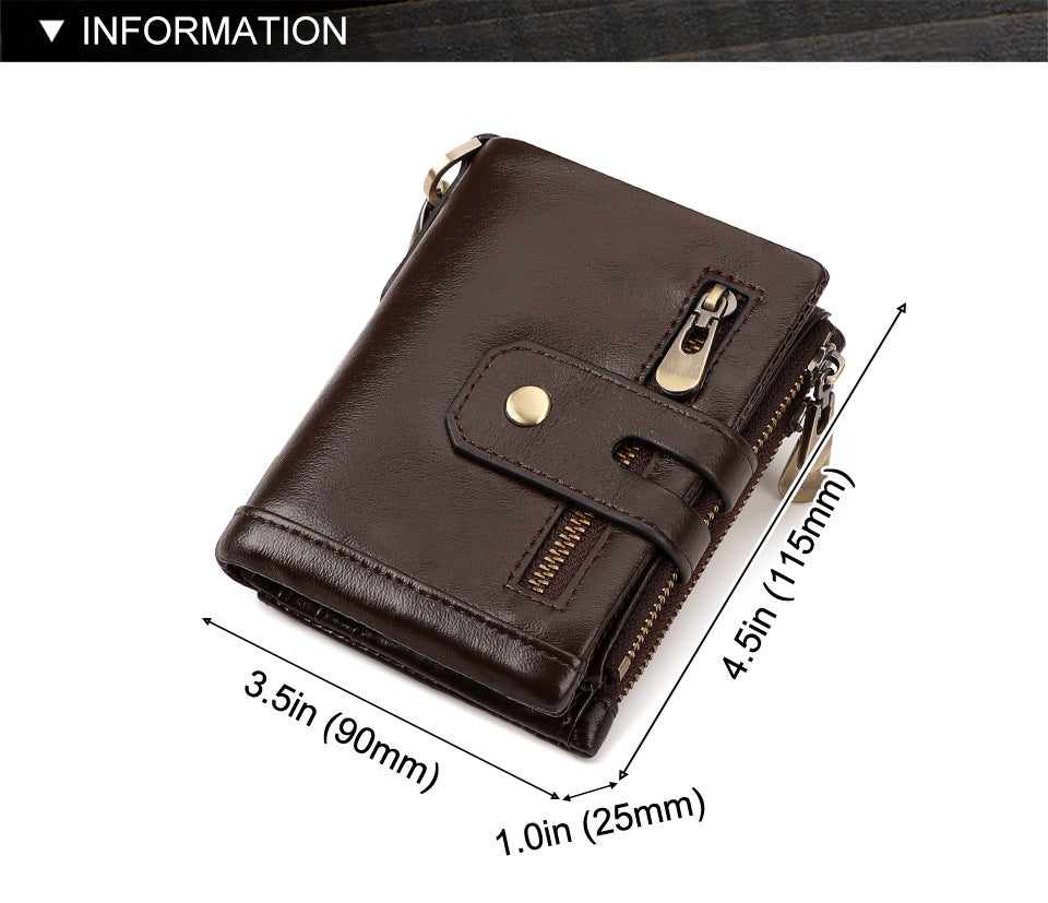 Genuine Leather Short Wallet with RFID Protection Tri-Fold Purse