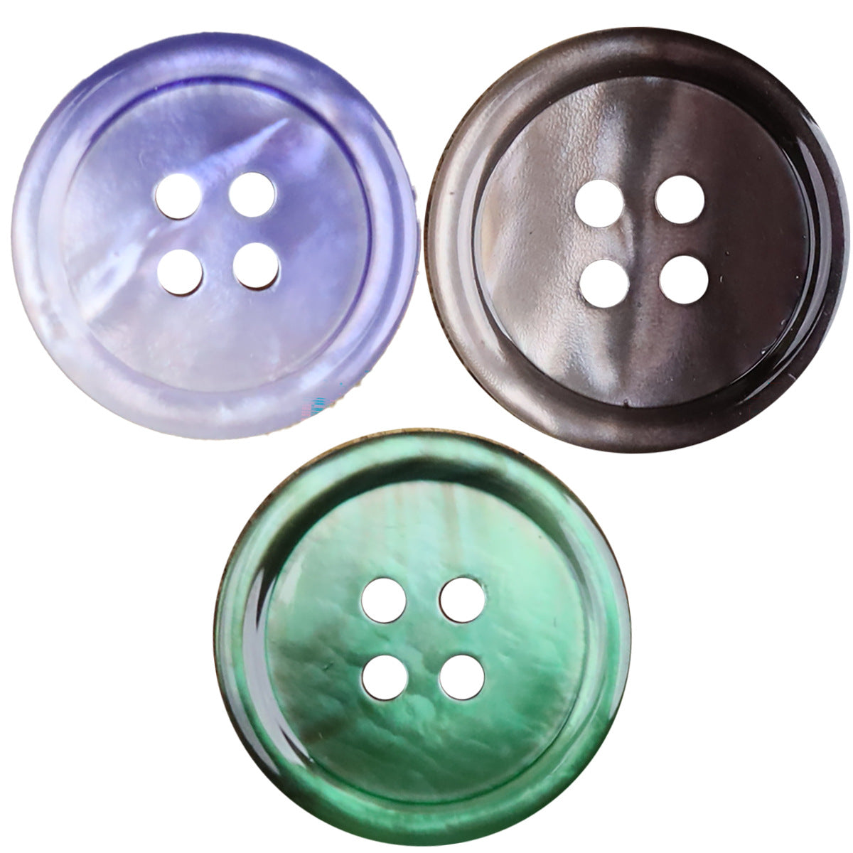 Set of round 4-hole shell-style buttons in lavender, dark brown, and green gradients