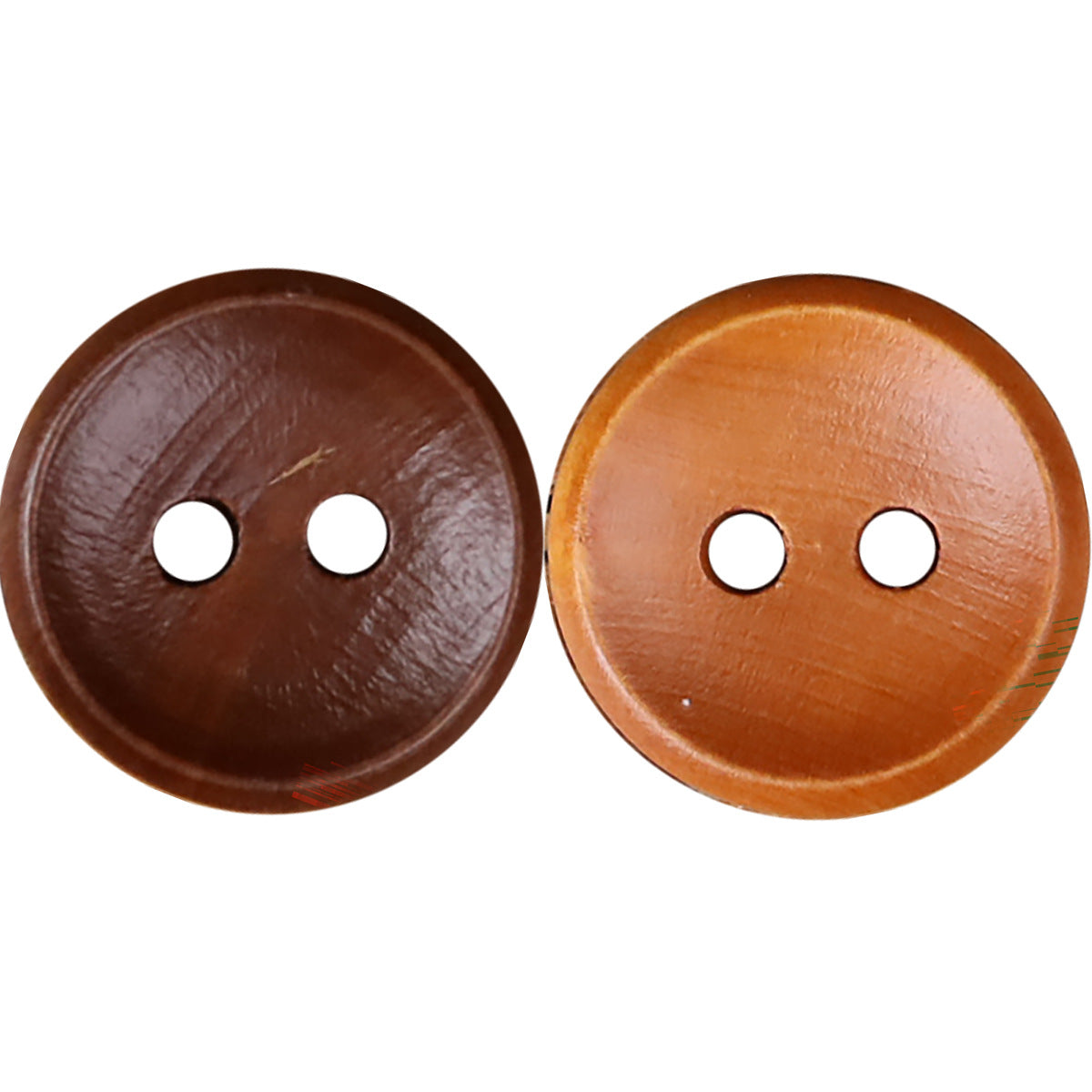 Two round 2-hole wood buttons, dark and light brown.