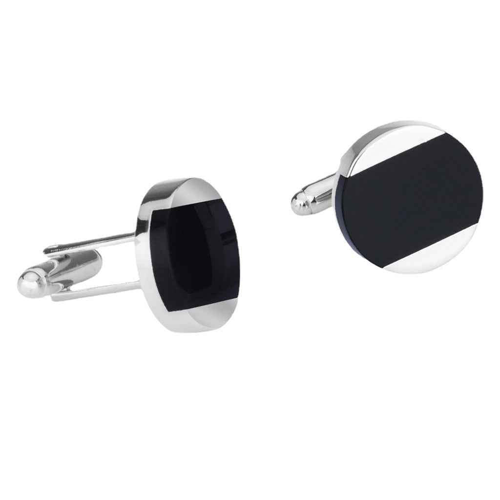 Round black onyx cufflinks with silver-tone edging and hinged posts